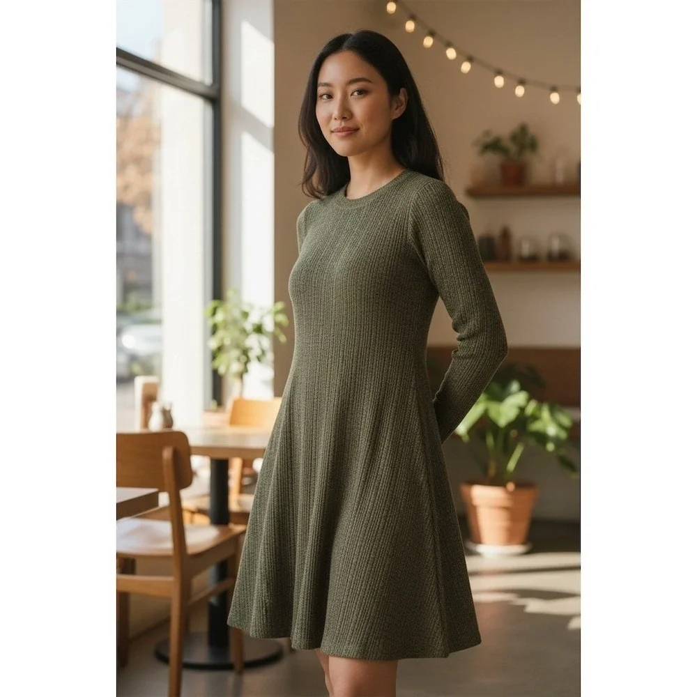 Topshop‎ Sweater Dress Womens Size 4 Olive Green Ribbed Knit Long Sleeve A line